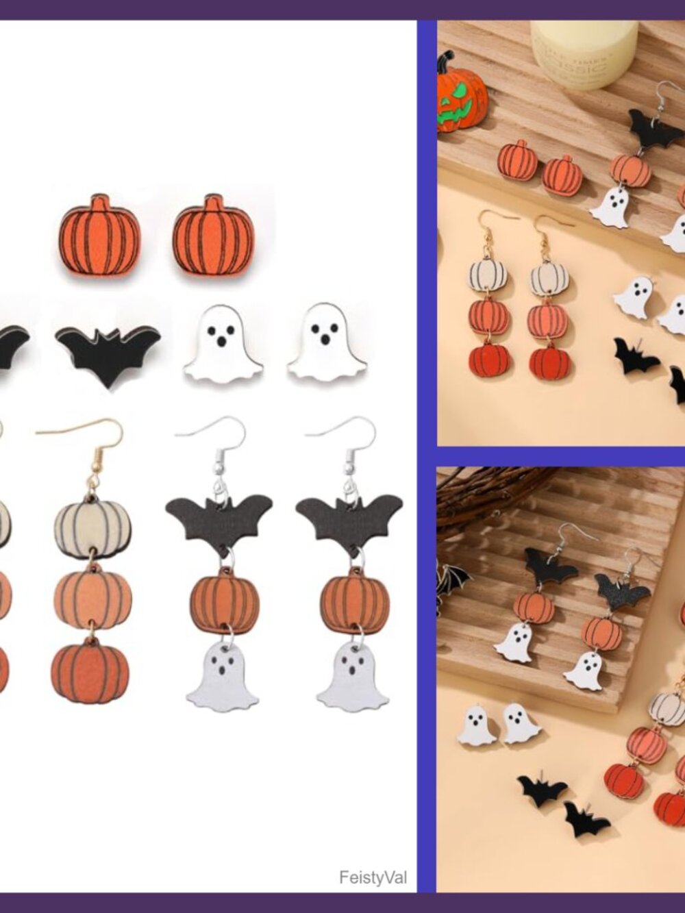 Wooden Halloween Earrings Set Studs & Dangle Pumpkin Ghost Bat